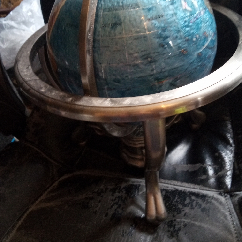 Vintage rare semi precious gemstone globe on brass stand with compass